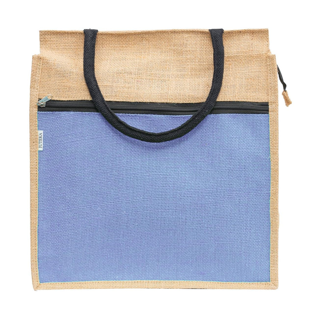JUTEKA Front Zip Pocket Teal Blue color Jute Bag for Lunch, Office, Grocery, Picnic, Tiffin, Shopping Hand Bag with padded cotton handles…