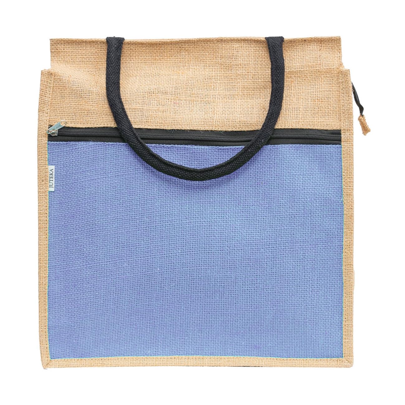 JUTEKA Front Zip Pocket Teal Blue color Jute Bag for Lunch, Office, Grocery, Picnic, Tiffin, Shopping Hand Bag with padded cotton handles…