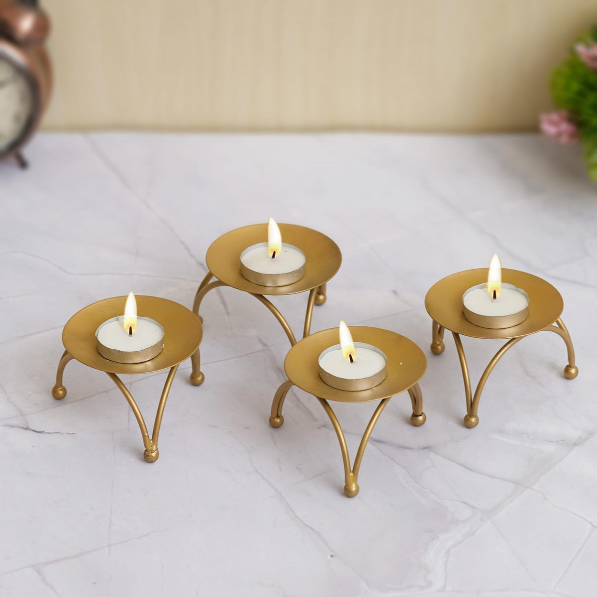 Set of 4 Decorative Handcrafted Golden Metal Tea Light Candle Holder Stand - Elegant Home Decor, and Thoughtful Gift for Diwali, Christmas, Festive Celebrations - Perfect for Home, Parties, Weddings