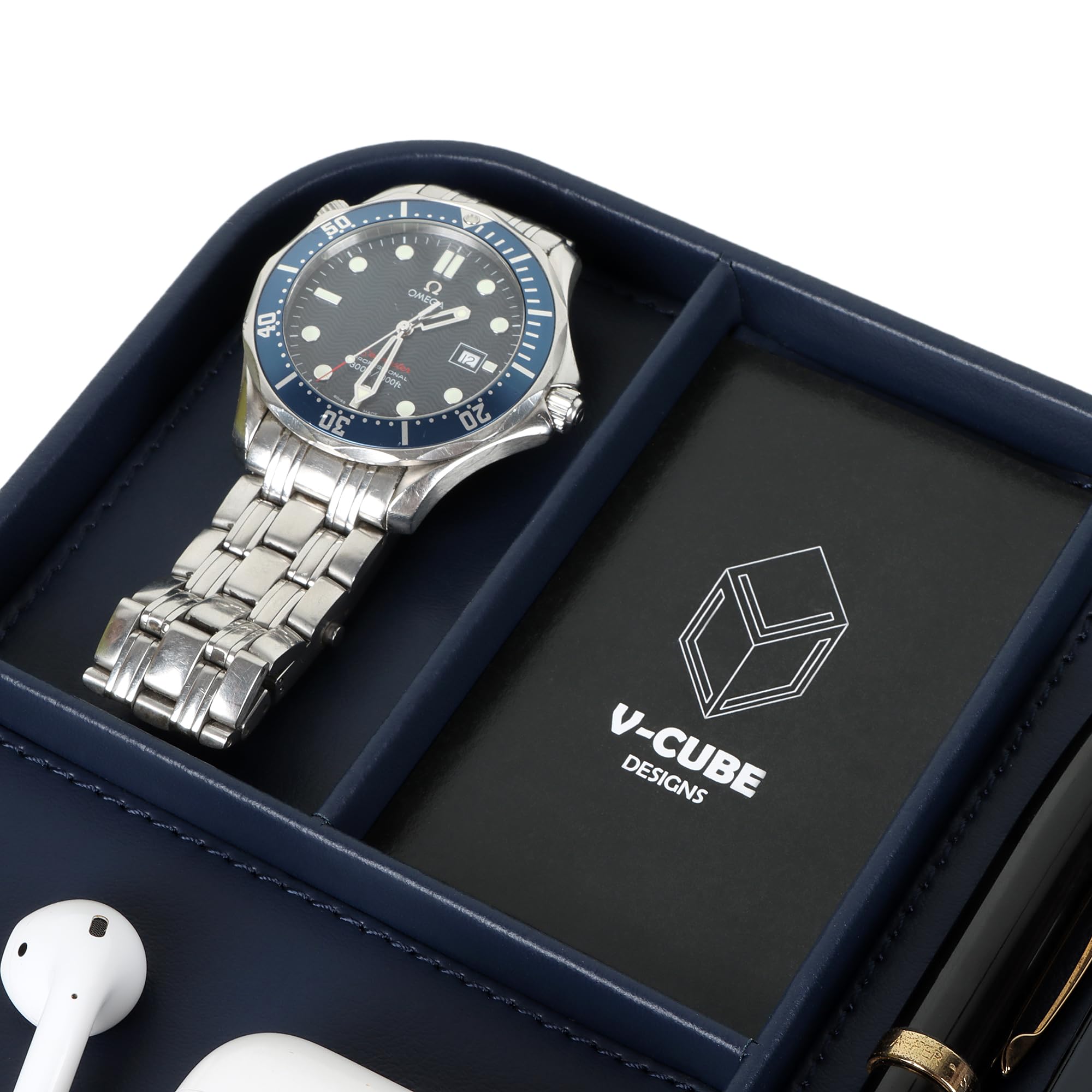 V-CUBE DESIGNS Premium Vegan Leather Valet Tray|Stylish & Modern Office Desk Tray| Table/Bedside/Entryway Organiser for Everyday Essentials Like Keys, Phone, Watch, Wallet, Jewellery|Spill-Proof|Blue