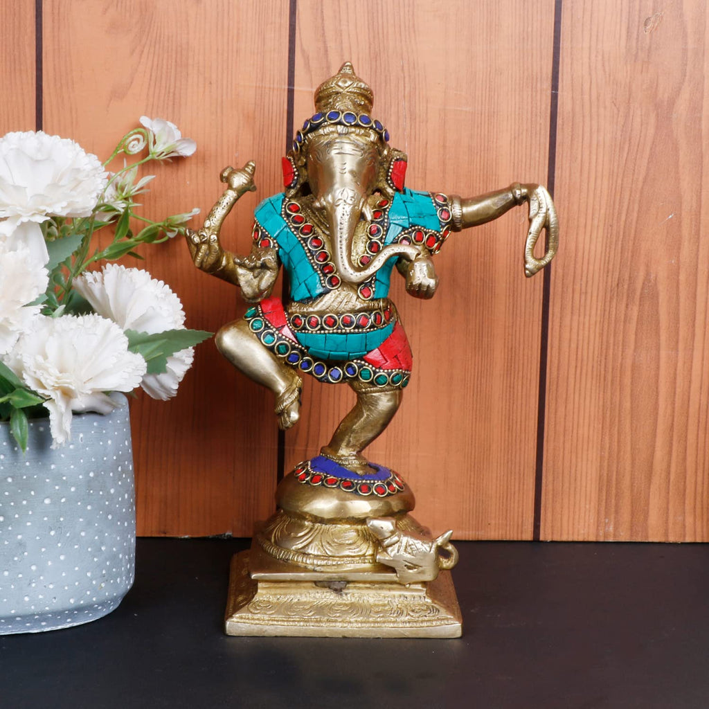 ARTVARKO Dancing Ganesh Idol Brass Multicolor Statue Murti Blessing Ganesha Vinayak Ganpati Sitting Sculpture Bhagwan Home Entrance Décor Temple Puja Gift Height 8.5 Inch
