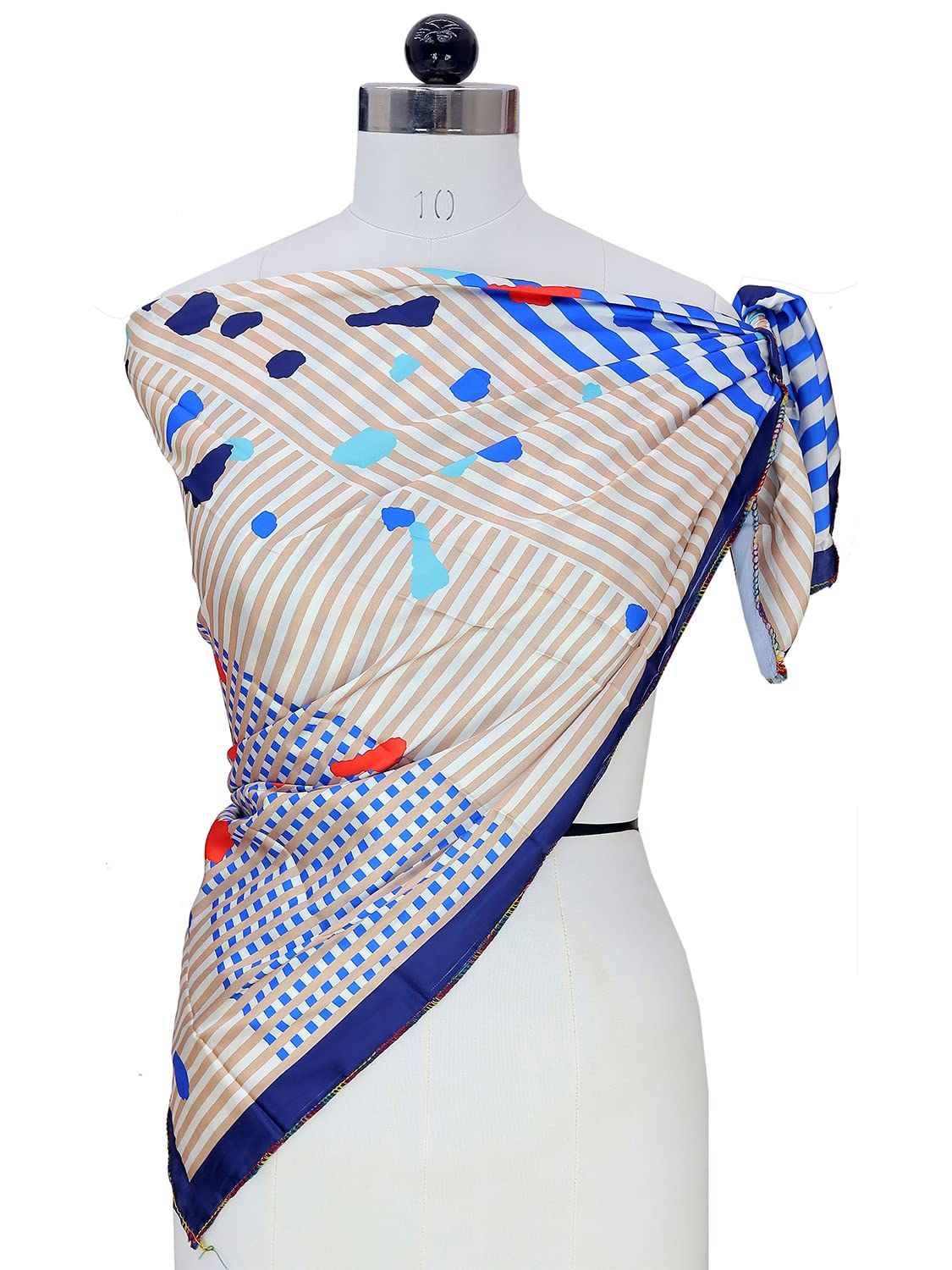 leeza store Women's Silk Scarf For Women, Blue & Beige Abstract Geometric & Stripe Mix Digital Print, 40 X 40, Elegant Lightweight Fashion Stole
