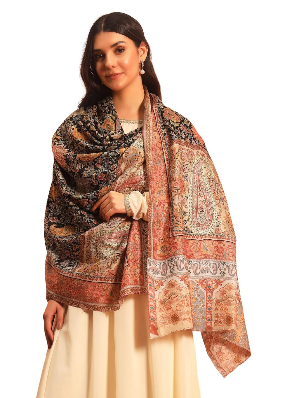 Pashmoda Women Guldasta Fine Wool Fabric Pashmina Kalamkari Embroidered Shawl (Size: 40x80in, 101x203cm) KAS13