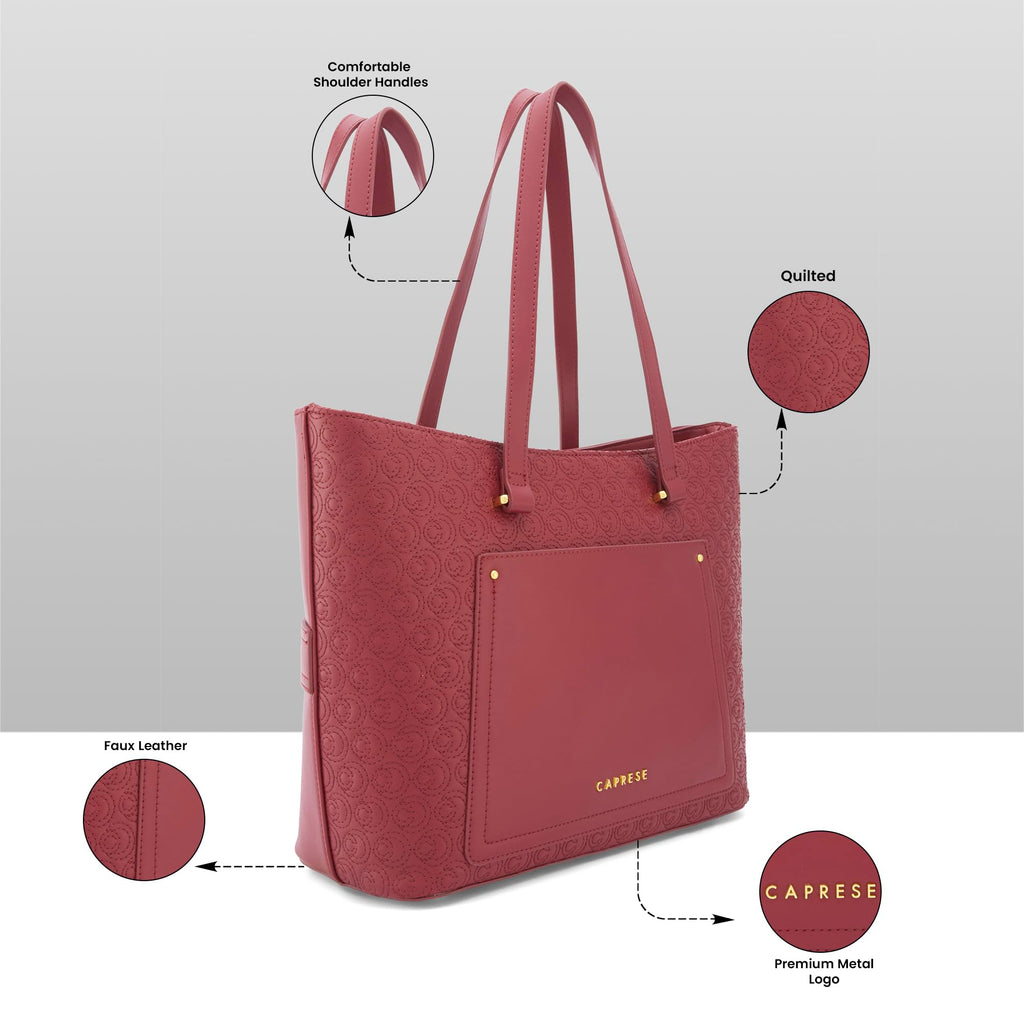 Caprese Rain Large Tote Bag for Women | Stylish, Durable, Multi-Compartment Design for Work, Travel, Shopping | Large Capacity, Comfortable Straps, Ideal for 15 Laptop & Essentials (Cherry Lacquer)