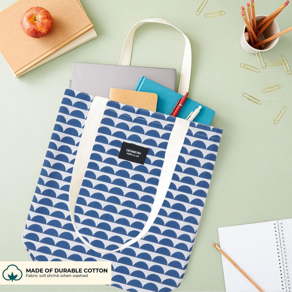 Blissowl Cotton Canvas Tote Bag with Zipper, Large Capacity Shopping Bags, Reusable Printed Bags for Grocery, Shopping, Work & Beach - White and Blue (16.5 x 14.5Inch)