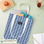 Blissowl Cotton Canvas Tote Bag with Zipper, Large Capacity Shopping Bags, Reusable Printed Bags for Grocery, Shopping, Work & Beach - White and Blue (16.5 x 14.5Inch)
