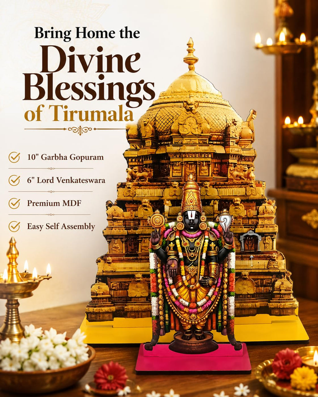 VENSUR Tirumala Garbha Golden Gopuram &Venkateswara Swamy MDF Standee Combo