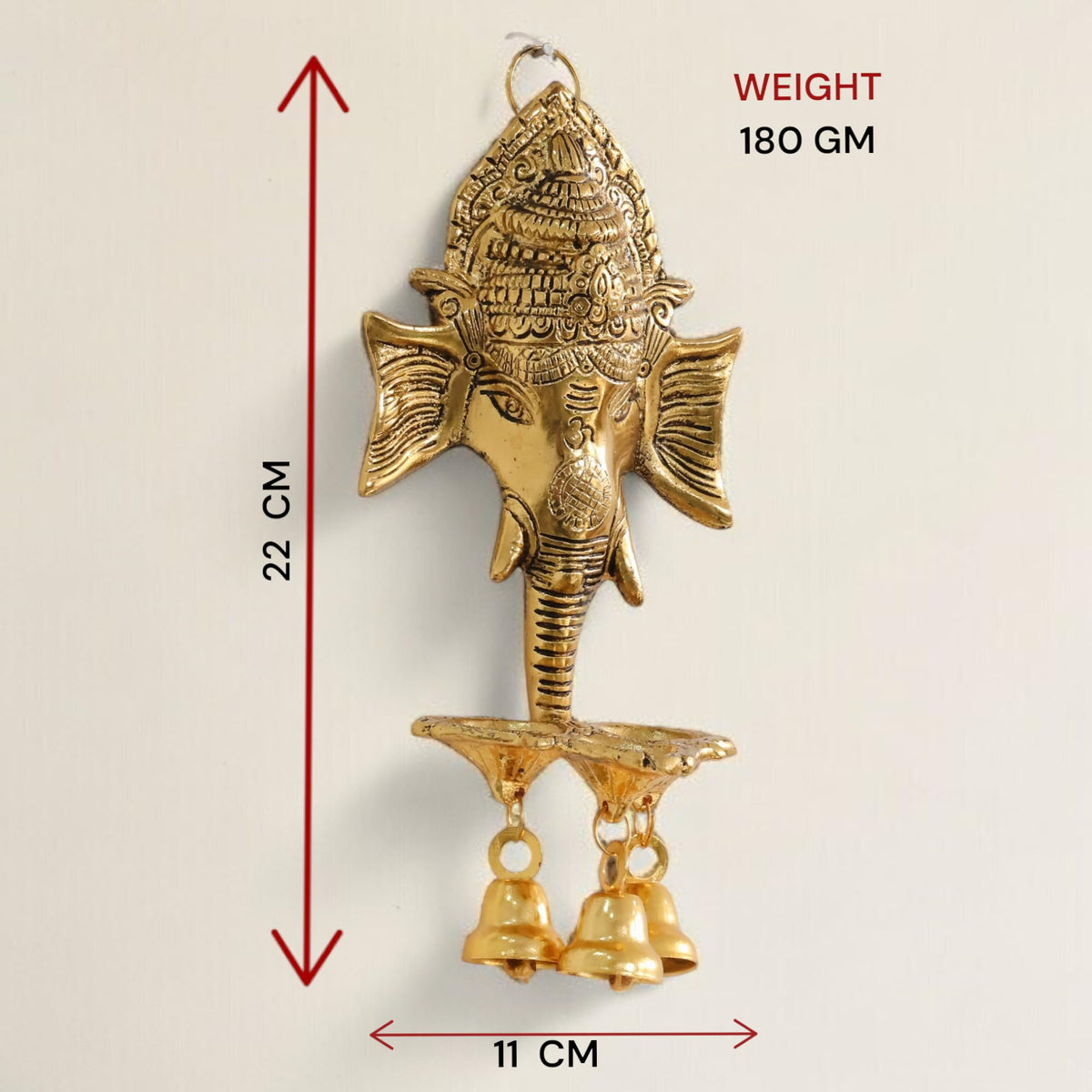 Metal Ganesha Wall Hanging Ganesh Diya with Three Bells for Home Decor, Gold Plated Metal Hanging Diyas Oil Lamp,