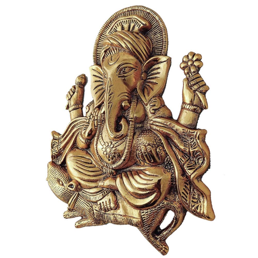 Prince Home Decor & Gifts Metal Ganesh Idol Statue Wall Hanging for Home Décor (Gold, 25.5 X 21.5 x 3 cm).