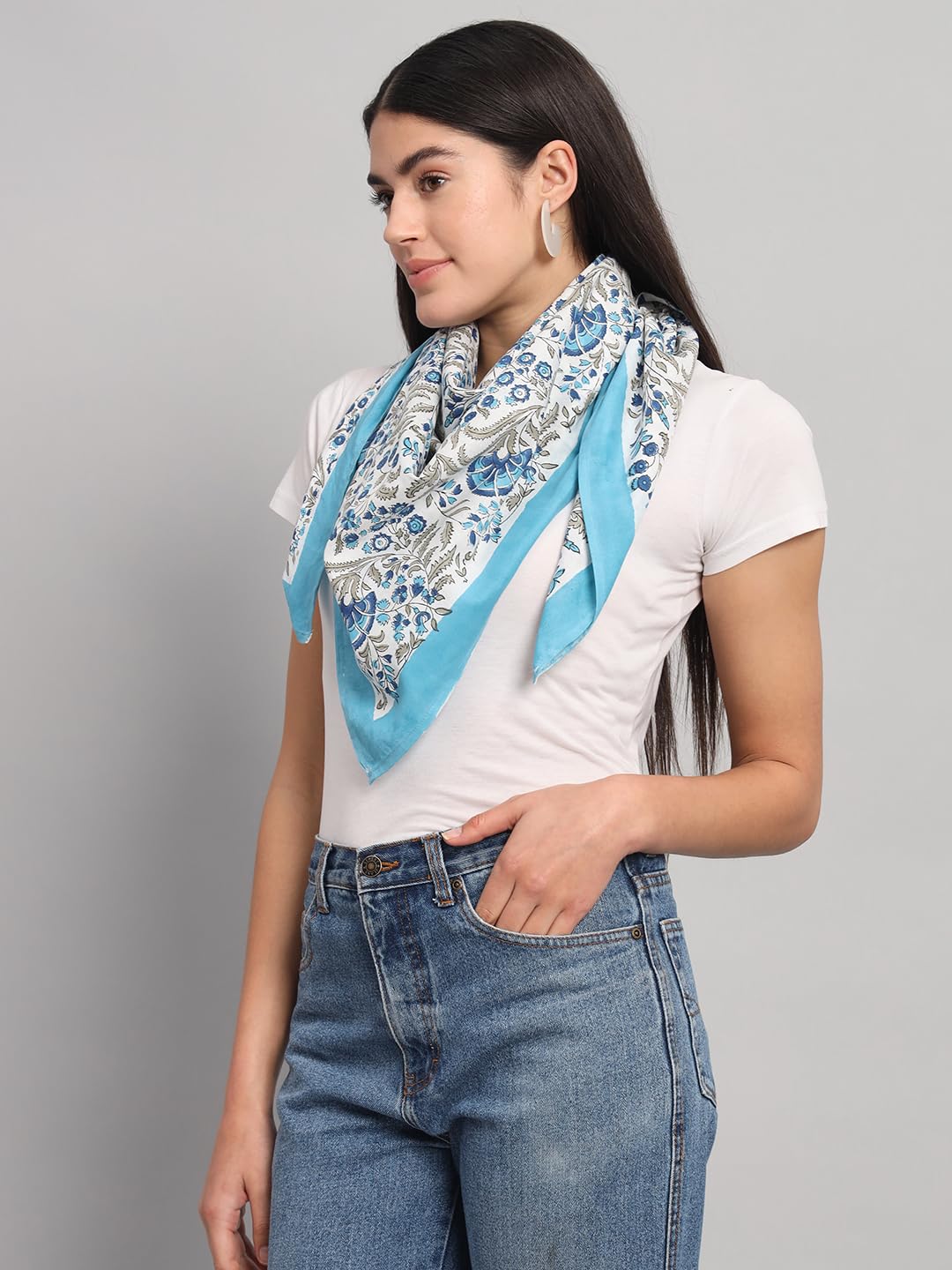 Ravaiyaa - Attitude is everything Sanganer Hand Block Printed Scarves Pure Cotton Scarf Square Hijab Dupatta 40 X 40 Inch (Turquoise)