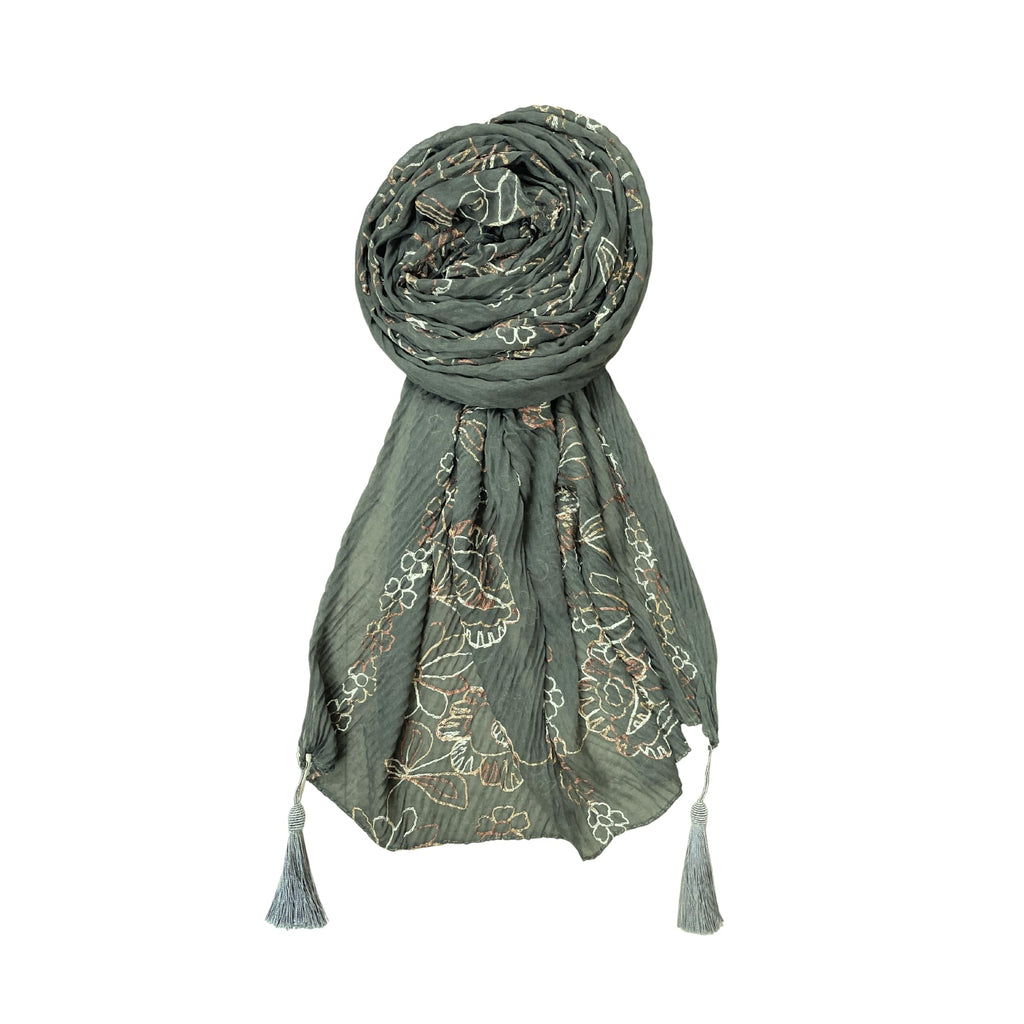 FAHABO Scarf Woman Pleated Cotton Scarves with Embroidery and Tassels | Hijab Scarf | Headscarf | Neck Scarf | Stoles | Wraps (Pebble Grey -1)