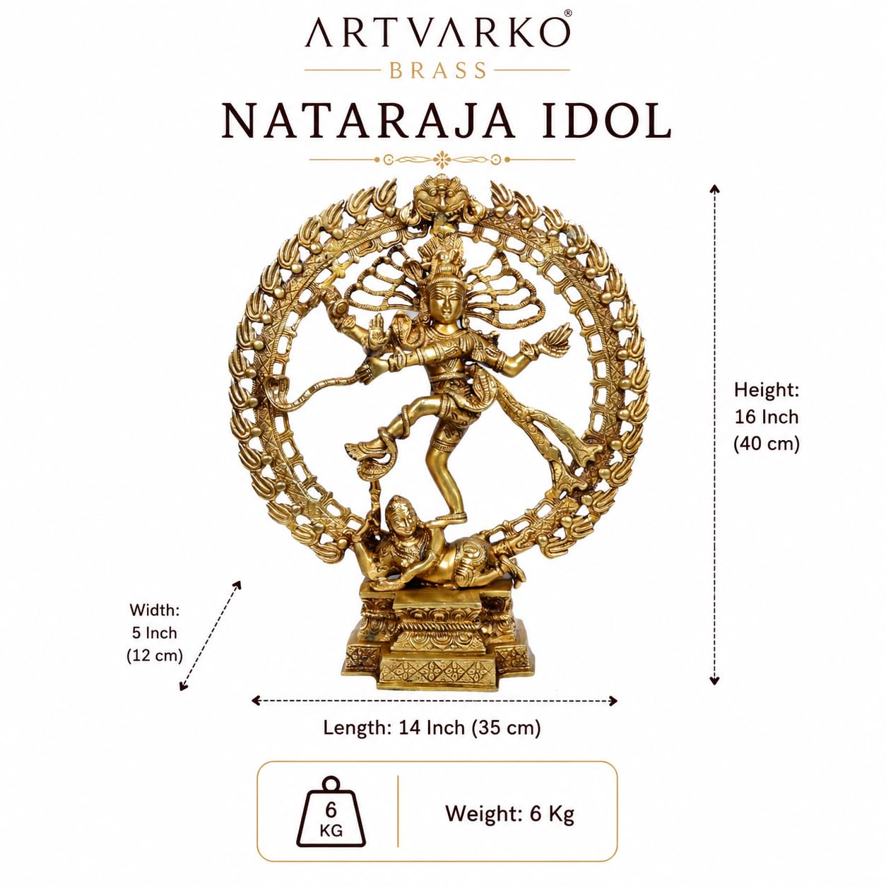 ARTVARKO Big Brass Natraja Idol Natrajan Lord Shiva Ji Dancing Natraj Murti for Temple Mandir Home Décor 16 Inches
