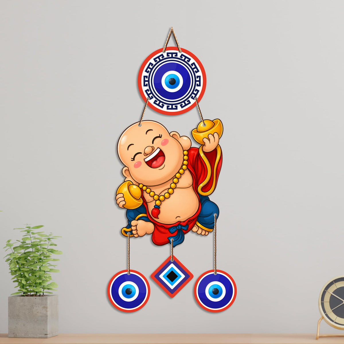 Artvibes Happy Buddha with Gold Ingot Evil Eye Wall Hanging | Wealth Attraction Prosperity Decor | Lucky Nazar Battu Ornament for Home Entrance | Living Room | Office | Gift Item (WH_85144N)