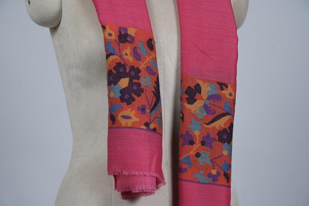 VIC Cashmere Fine Wool Shawl Stole for Women - Rose Red | Elegant Woven Floral Border | Soft Warm Premium Wrap | 70 x 200 cm | VIC-CFW-KB10