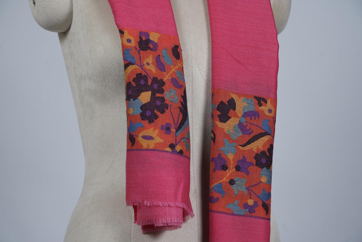 VIC Cashmere Fine Wool Shawl Stole for Women - Rose Red | Elegant Woven Floral Border | Soft Warm Premium Wrap | 70 x 200 cm | VIC-CFW-KB10