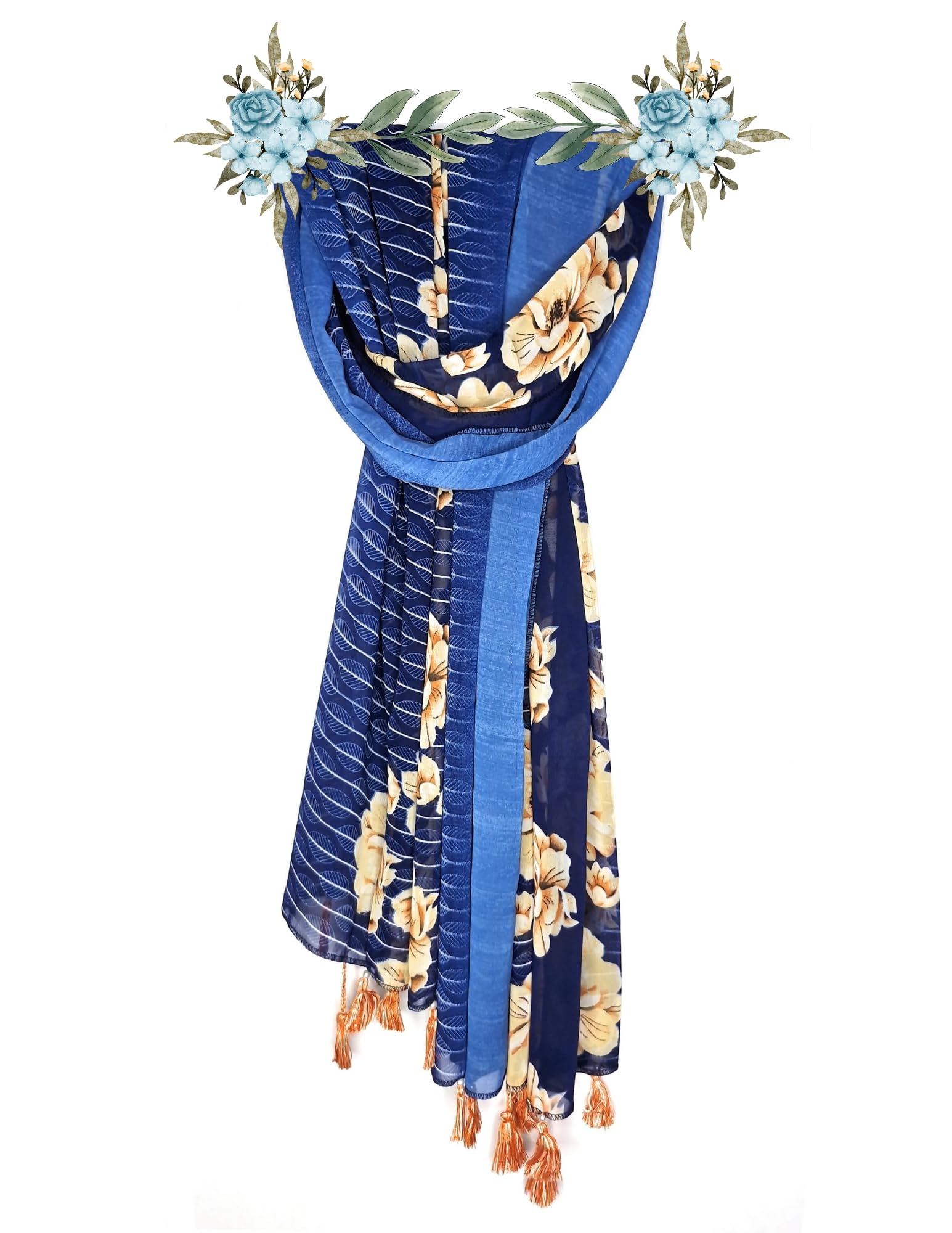 Chandwasia Fashion Floral Printed Scarf | Neck Shoulder Head Wrap Styling Dupatta Use | Polyester Chiffon Fabric Tassel Border Lightweight Soft Texture Pattern Women - Dark Blue Floral