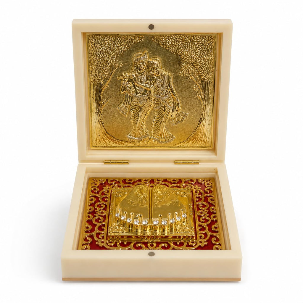 Radha Krishna Design Charan Paduka Pocket Temple for Pooja Room, Home Mandir, Car Dashboard & Prayer Space | Pearl & Brown Finish | Spiritual Gift & Housewarming Gift (Pearl, Medium)