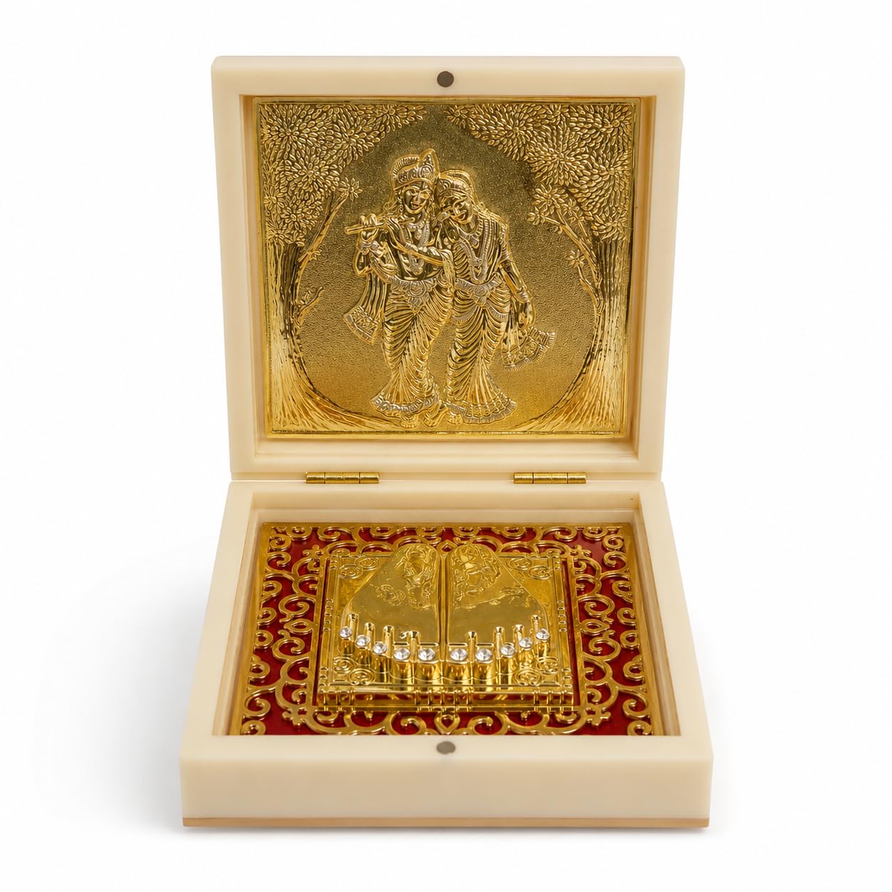 Radha Krishna Design Charan Paduka Pocket Temple for Pooja Room, Home Mandir, Car Dashboard & Prayer Space | Pearl & Brown Finish | Spiritual Gift & Housewarming Gift (Pearl, Medium)