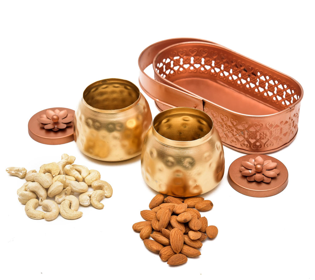 Sanvatsar Rectangular Shape Metal Basket with Jar Tray 2 Copper Flower Container Dry Fruits Chocolate Sweets Candys Gifts Set for Office, Home Decor Table Decoration Item (Rectangular)
