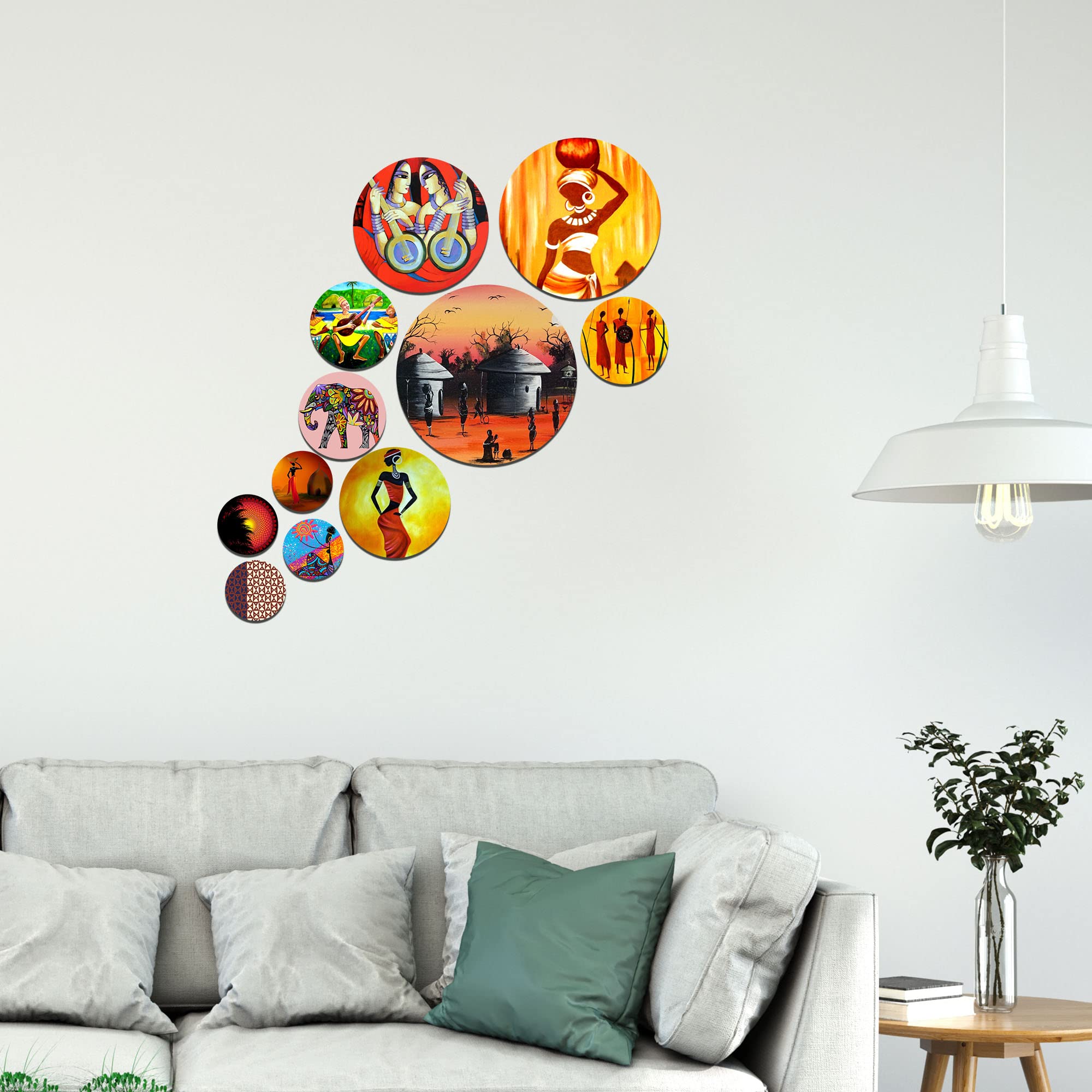Artvibes African Tribal Dance Folk Art Round Shape MDF Wooden Wall Decor Items | Handcrafted Art | Festive Decor | Aesthetic Wooden Decor | Paintings For Wall | Ideal Gifts (WPS_127N), Set of 11