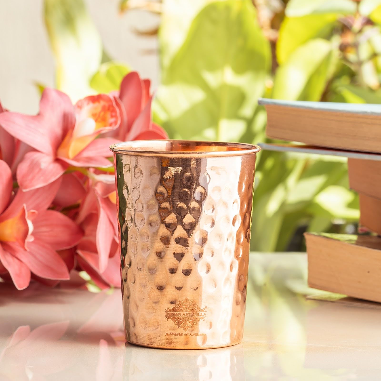 INDIAN ART VILLA Pure Copper Plain Glass with Hammered Design, Drinking Serving Water, Yoga Ayurveda, Volume- 275 ml, Pack of 6