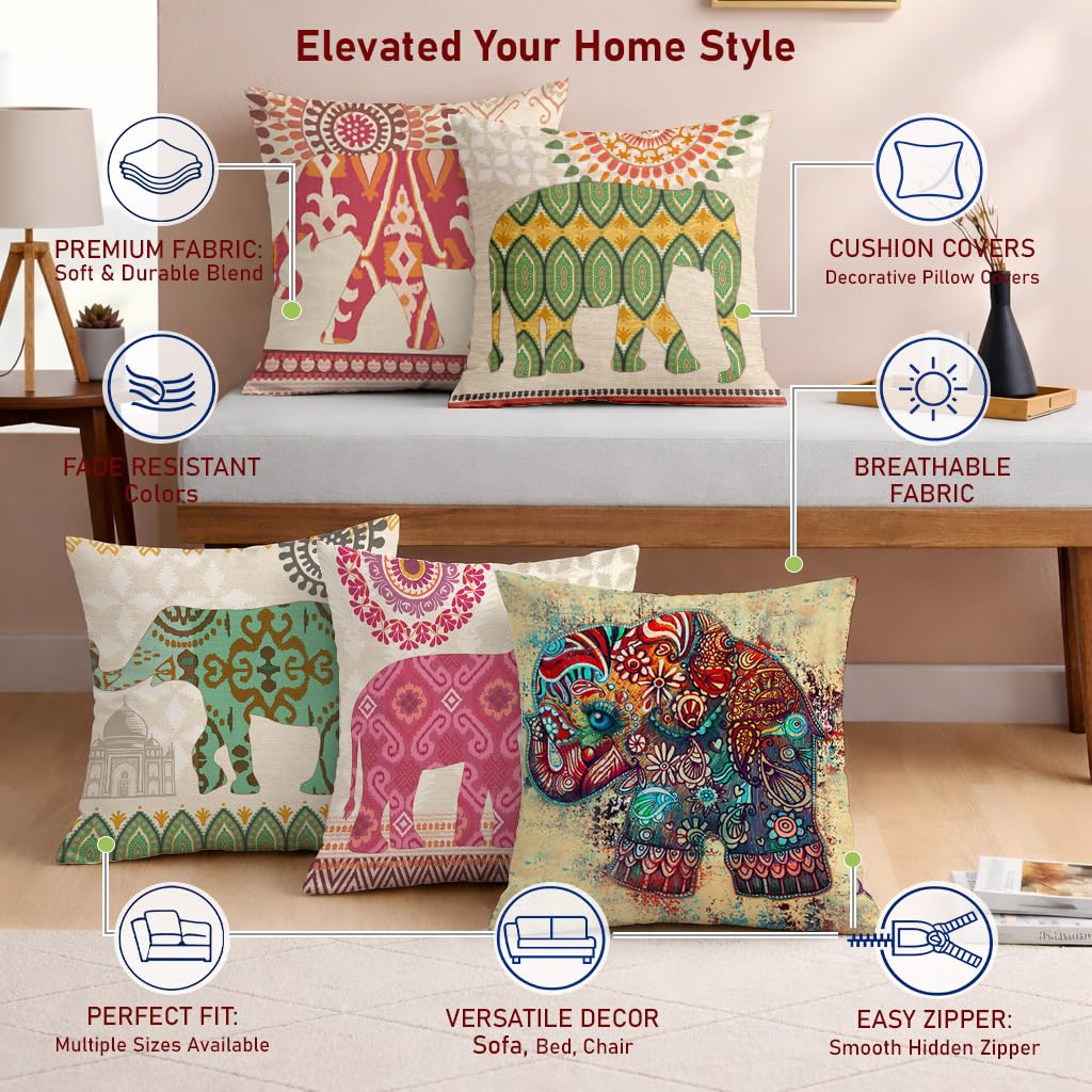 STITCHNEST Set of 5 Gajraj Folk Art Collection Printed Jute Cushion Covers 24x24 Inches | Decorative Throw Pillow Covers for Sofa, Living Room, Bedroom | Perfect for Home Decor