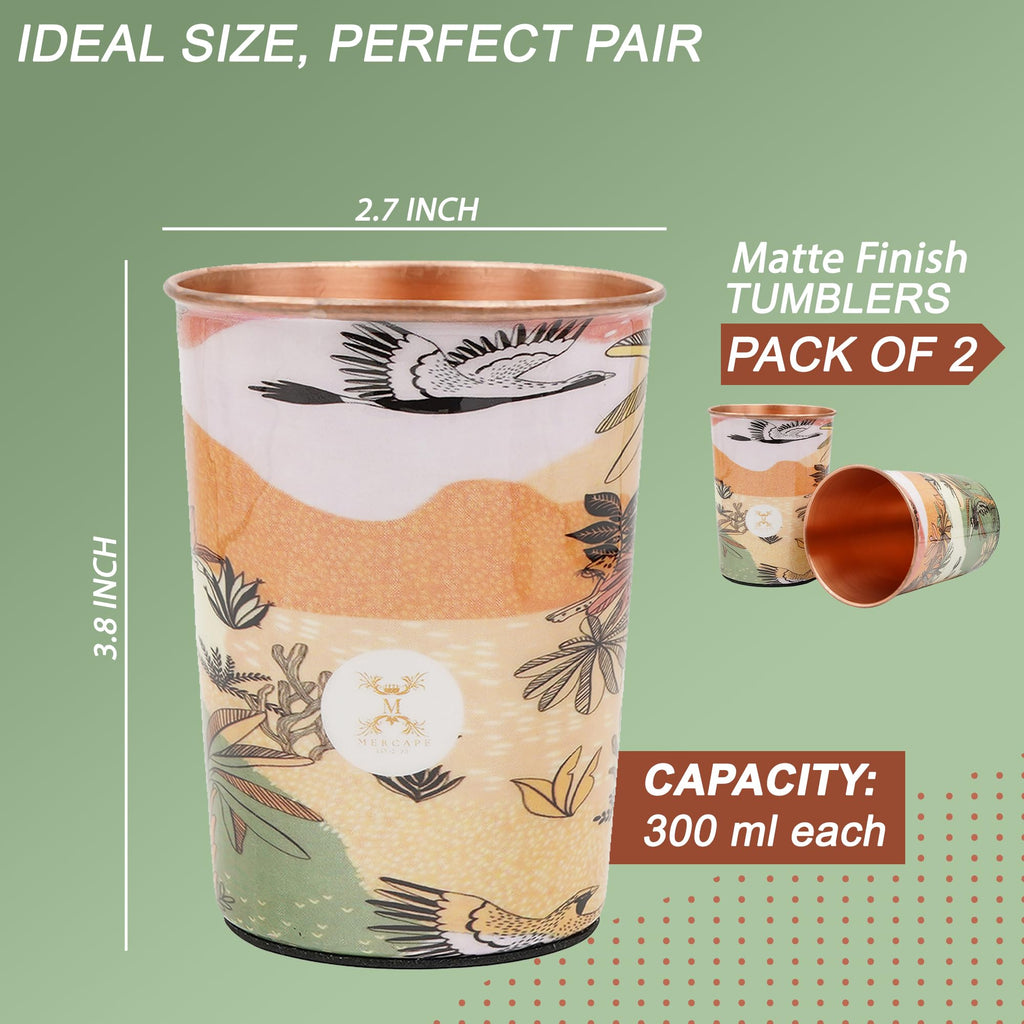 MERCAPE® 100% Pure Copper Glasses Set of 2 | Designer Meena Print | 300ml Each | Ayurvedic Benefits | Handmade Copper Tumblers for Daily Use & Gifting (Multiple Designs) (Japanese Crane Design)