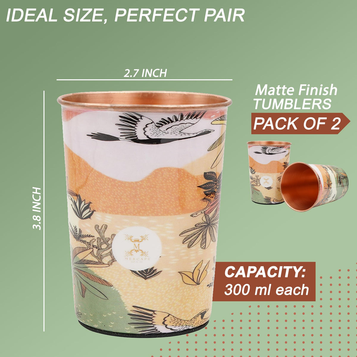 MERCAPE® 100% Pure Copper Glasses Set of 2 | Designer Meena Print | 300ml Each | Ayurvedic Benefits | Handmade Copper Tumblers for Daily Use & Gifting (Multiple Designs) (Japanese Crane Design)