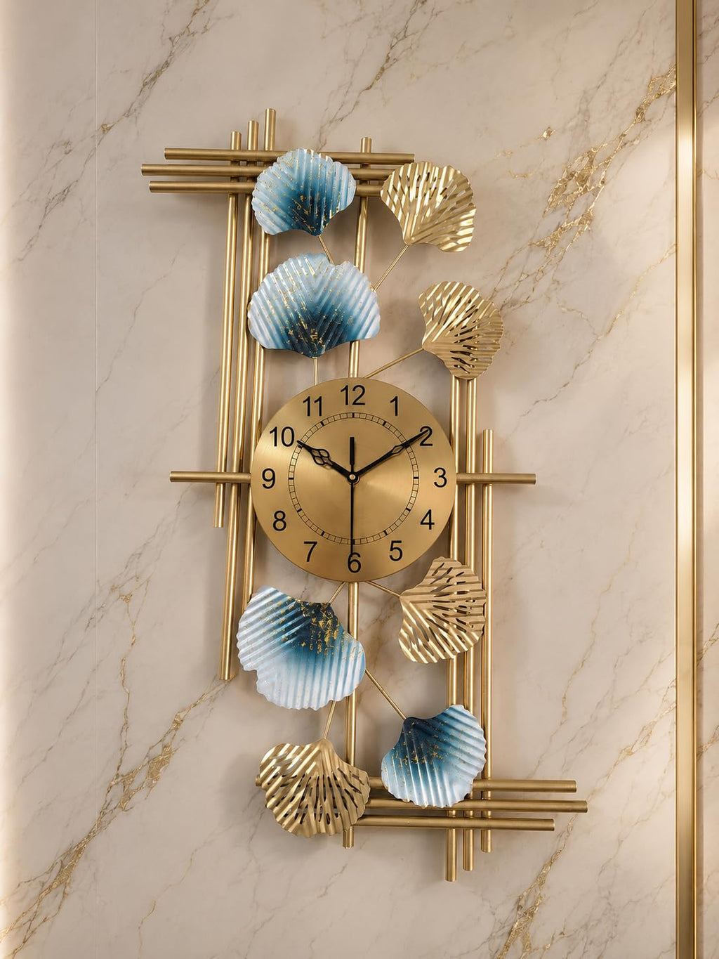 Mahira Artefacts Luxury Metal Wall Clock with Ginkgo Leaf Design, Gold and Blue, Abstract Art Decor for Living Room