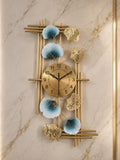 Mahira Artefacts Luxury Metal Wall Clock with Ginkgo Leaf Design, Gold and Blue, Abstract Art Decor for Living Room
