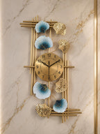 Mahira Artefacts Luxury Metal Wall Clock with Ginkgo Leaf Design, Gold and Blue, Abstract Art Decor for Living Room