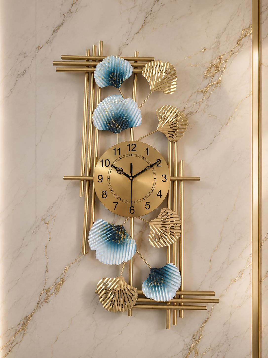 Mahira Artefacts Luxury Metal Wall Clock with Ginkgo Leaf Design, Gold and Blue, Abstract Art Decor for Living Room