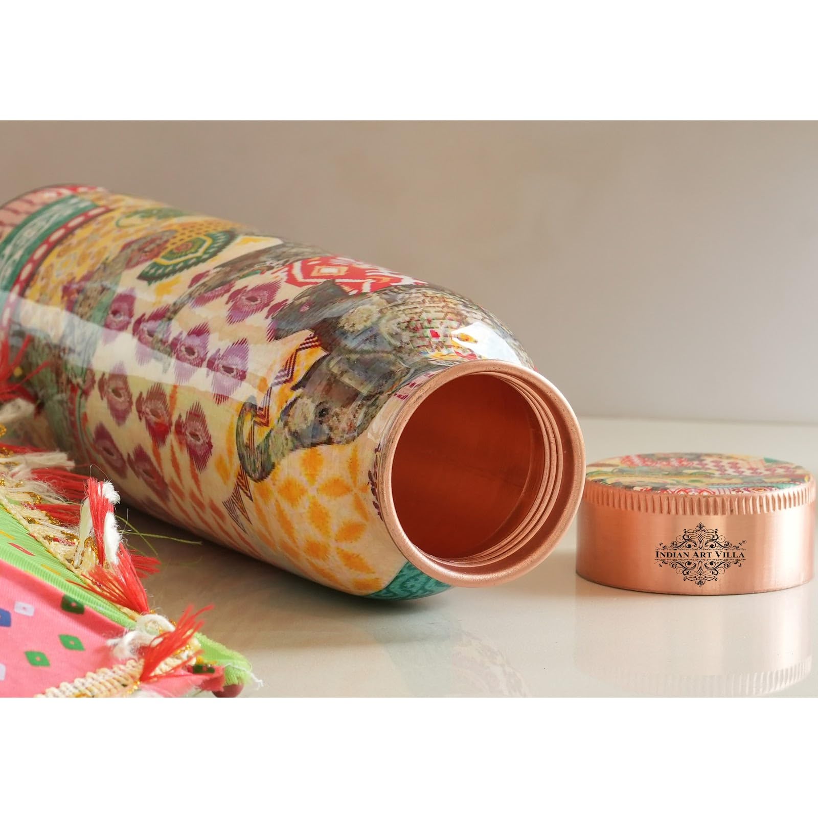 INDIAN ART VILLA Copper Water Bottle 900 ml, “Padharo Mhare Desh” Theme, Rajasthani Meena Printed Design, Handcrafted (0.9 litre)