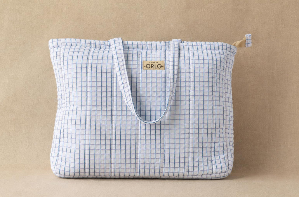 HOUSE OF ORLO Premium Cotton Waffle Quilted Tote Bag, Large Spacious Handbag for College, Office, Work, Travel, Shopping & Daily Use - Blue&Lavender