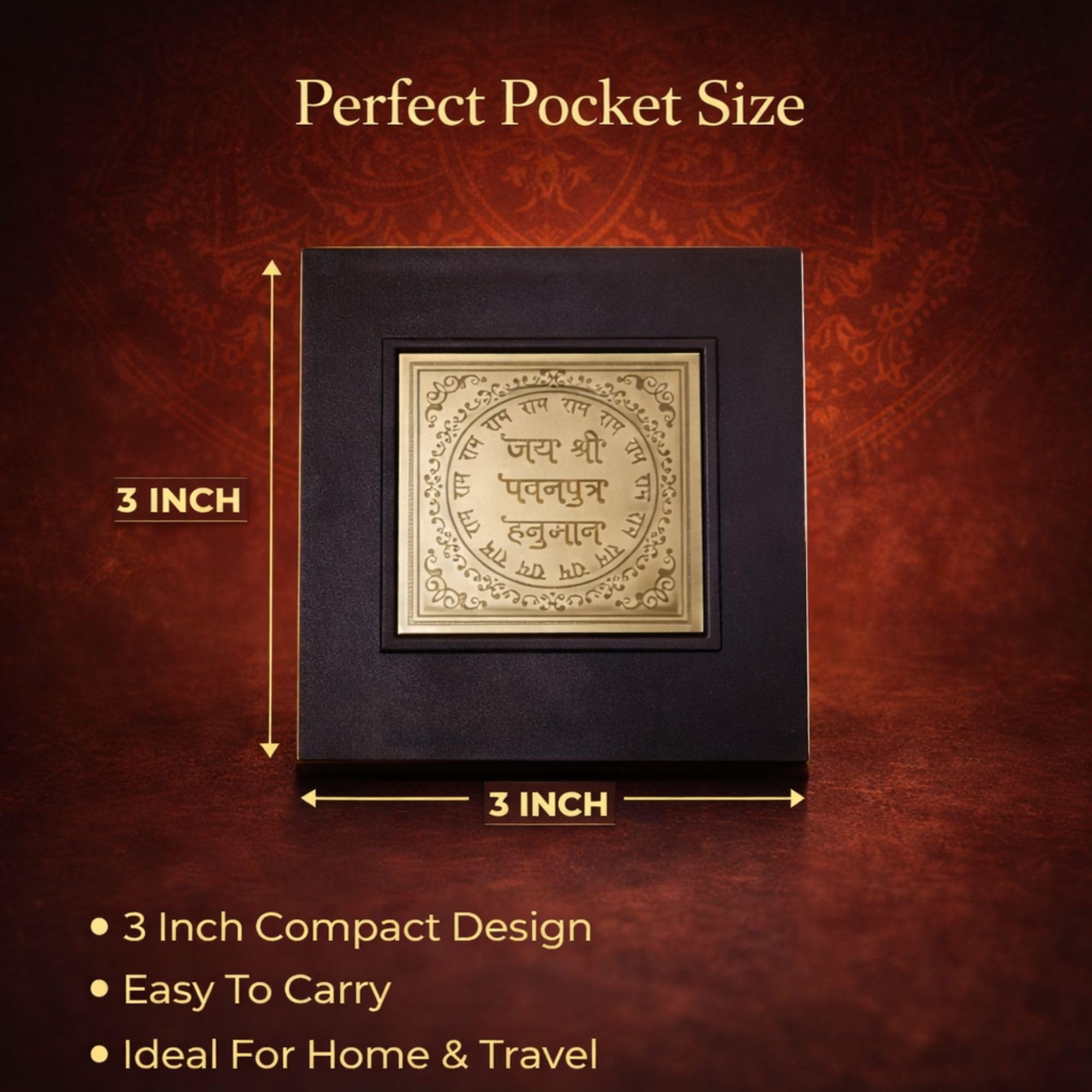 Gold Plated Lord Hanuman Idol for Pooja Box | Pocket Temple Hanumanji with Charan Paduka | Mini Hanuman Murti for Home Office Car Dashboard | Pocket Temple Pooja Box | Religious Gift Spiritual Décor