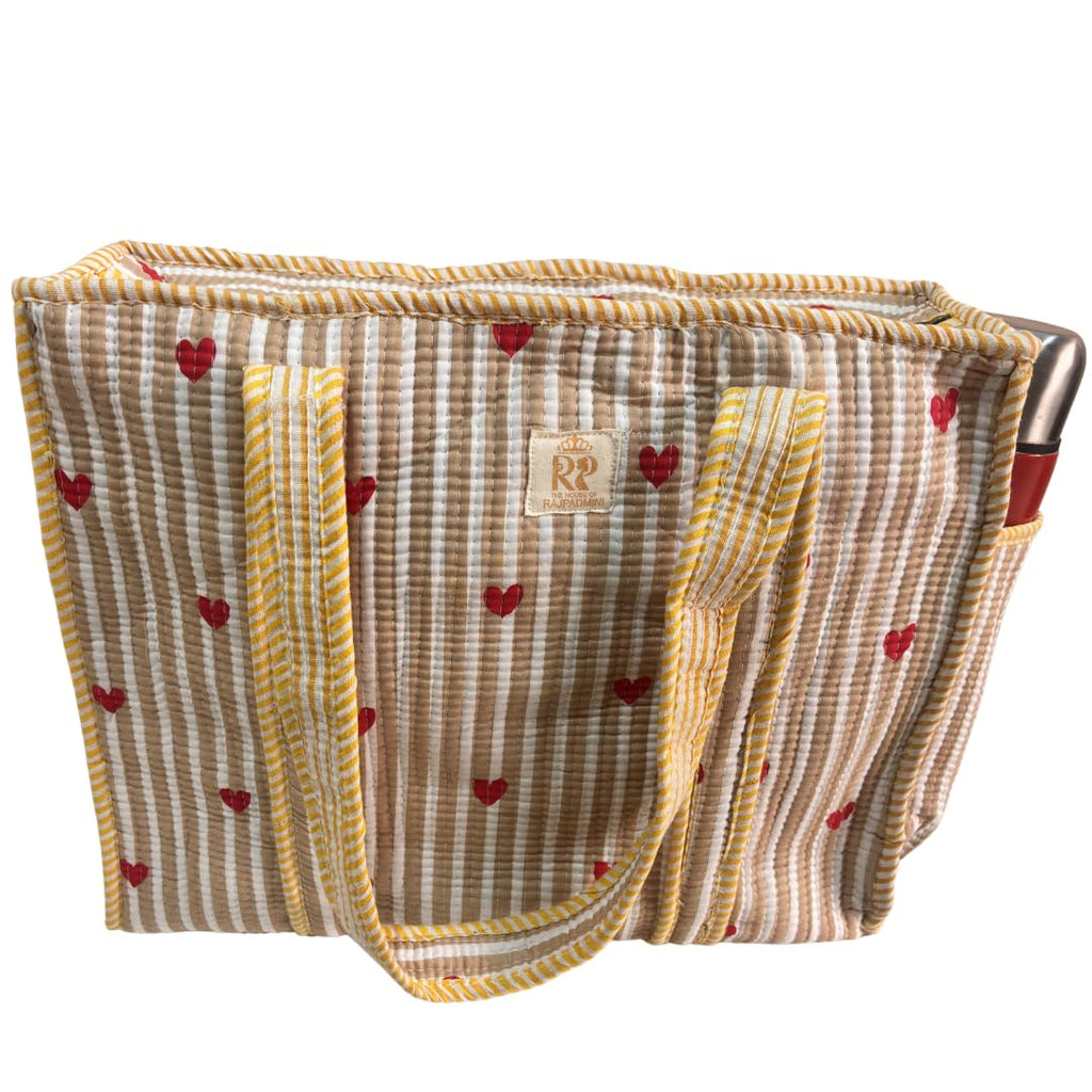 The House of RajPadmini Floral Quilted Cotton Shopping Tote Bag, 16x16 inches, Striped Trim, External Bottle Pocket (Heart Beige (250 GSM Cotton))