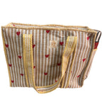 The House of RajPadmini Floral Quilted Cotton Shopping Tote Bag, 16x16 inches, Striped Trim, External Bottle Pocket (Heart Beige (250 GSM Cotton))