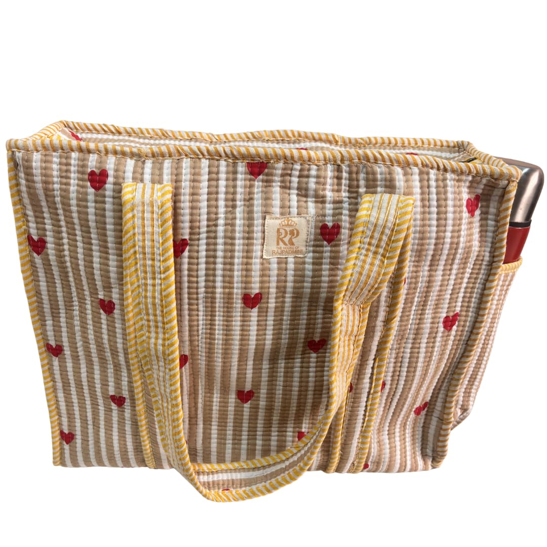 The House of RajPadmini Floral Quilted Cotton Shopping Tote Bag, 16x16 inches, Striped Trim, External Bottle Pocket (Heart Beige (250 GSM Cotton))