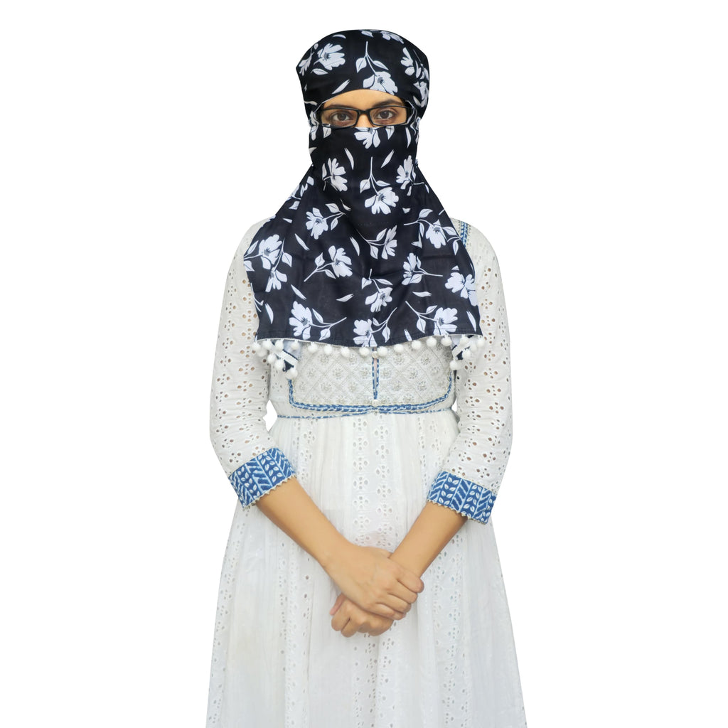 Switchon Scarf Hijab Rayon Printed fancy scarf for women Size Adjustable -Hook loop tape- For 10 yrs and above (Black_Multi1)