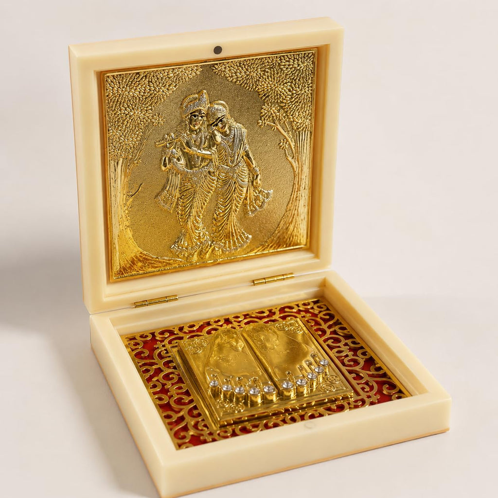 Radha Krishna Design Charan Paduka Pocket Temple for Pooja Room, Home Mandir, Car Dashboard & Prayer Space | Pearl & Brown Finish | Spiritual Gift & Housewarming Gift (Pearl, Medium)