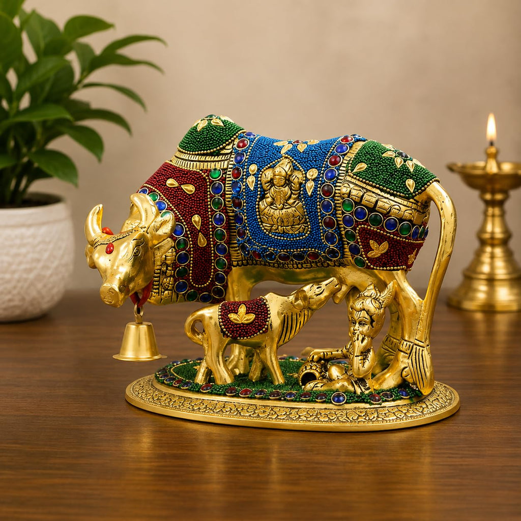KridayKraft Decorative Kamdhenu Cow,Calf with Bal Gopal Krishna Metal Statue Embellished with Gemstones for Good Luck,Feng Shui,Vastu,Religious Gau MATA