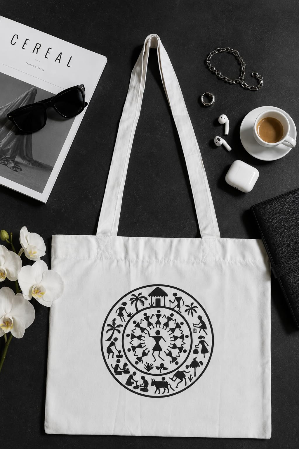 Kai Pai Co Cotton Tote Bag for Women, Indian Folk Art Prints, Casual Daily Use, Reusable Shoulder Bag,14 X 16 Inches - Madhubani, Kalamkari, Return Gifts (Monochrome - Worli)