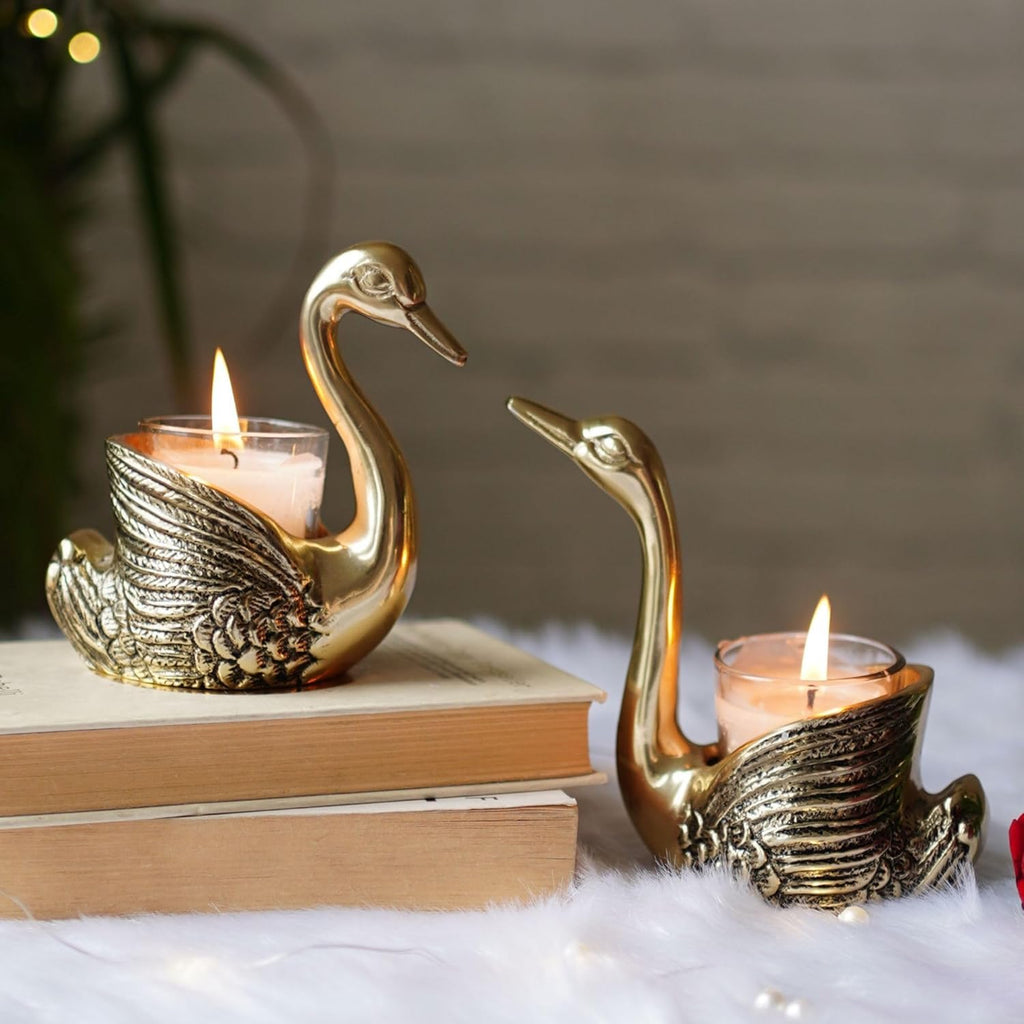 Storescent Aluminium Pair of Swans for Good Luck | Feng Shui Love Gifts Candle Holder for Home Decor Living Room - Showpiece Gifts for Couple (Candles not Included) (Swan 1 Pair Golden)