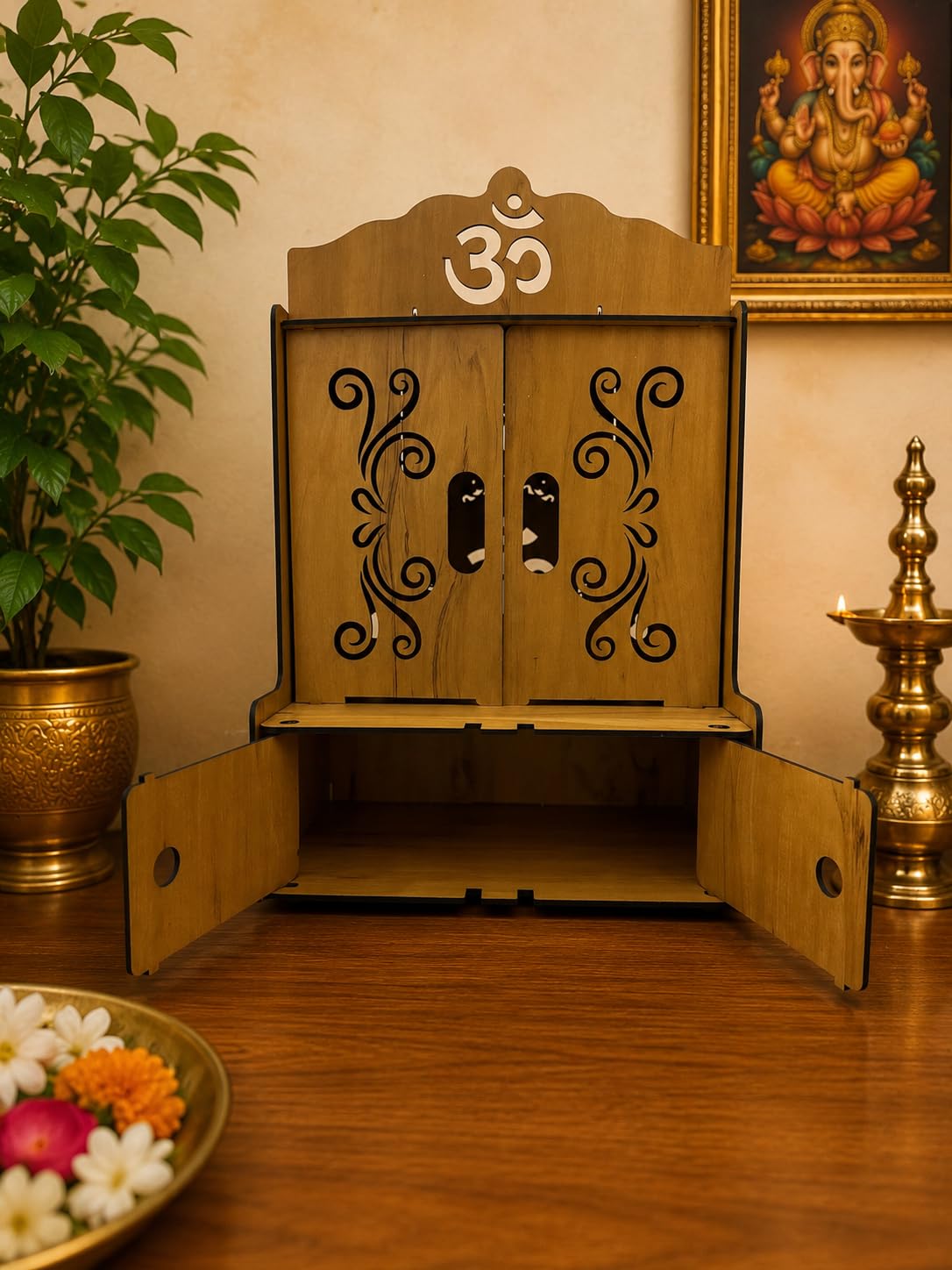 EXPRO Wooden Pooja Mandir for Home with Door | Engineered Wood Home Temple Unit with Storage Space | Wall Mounted Temple for Office & Living Room | DIY Mandap with OM & Bell Design (Brown | Design 3)