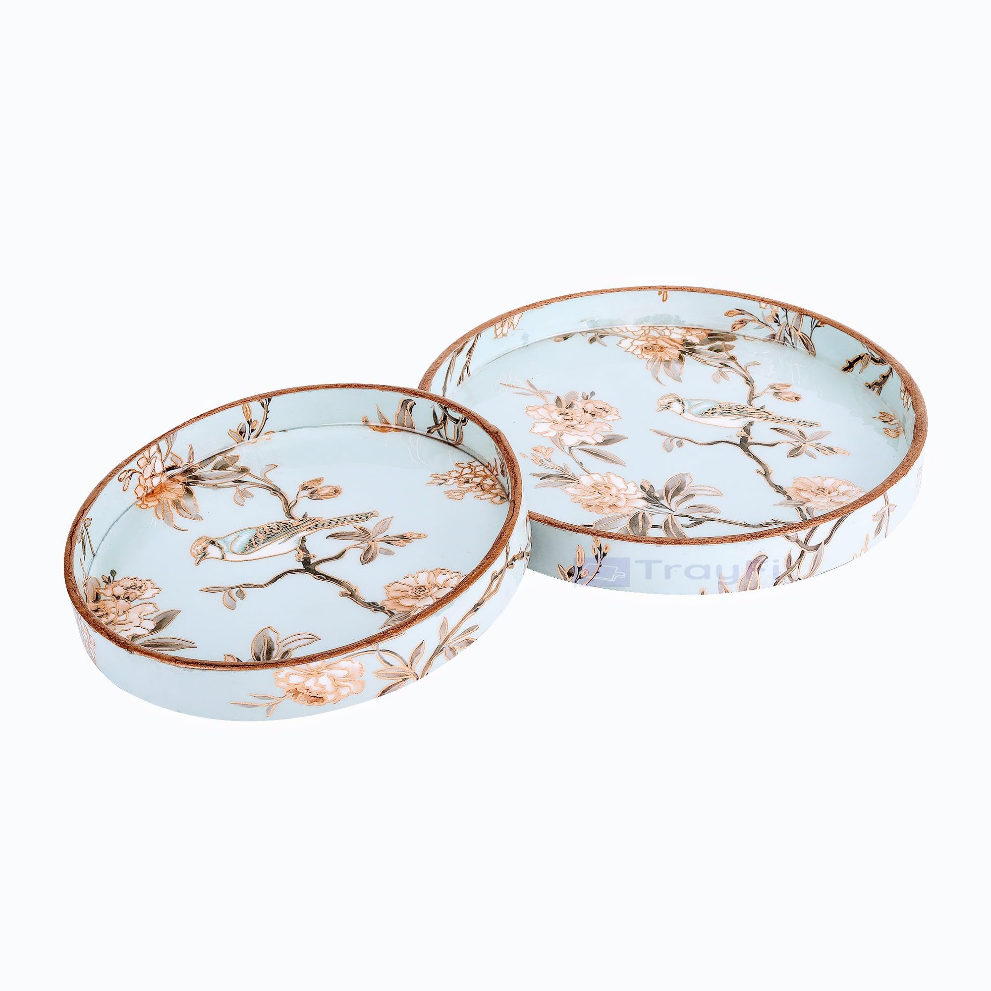 TrayFi MDF Round Wooden Serving Tray | Pack of 2 | Enamel Finished Trays - Size : 9x9, 7x7 Inches | Handcrafted Wooden Tray for Kitchen & Dining (Blue Birds)