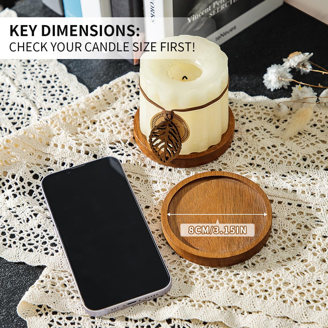 Wood Candle Holder Farmhouse Decor - HALE OTEIR Wooden Pillar Candles Tray for Pillar Floating Candles Set of 4 Round Wooden Plate Pedestal Stand for Coffee Table for Christmas Decor