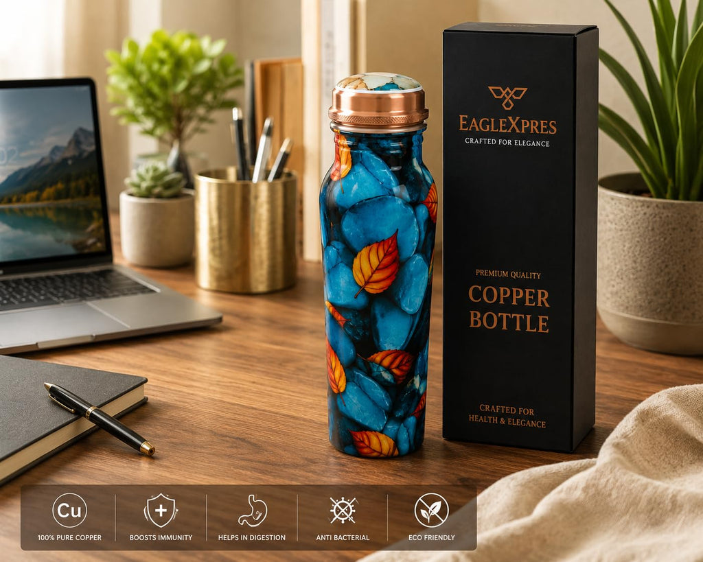 EAGLEXPRES Premium Copper Water Bottle 1 Litre Designer Printed Leakproof Copper Bottle for Drinking Water Ayurvedic Bottle for Home Office Travel Gym