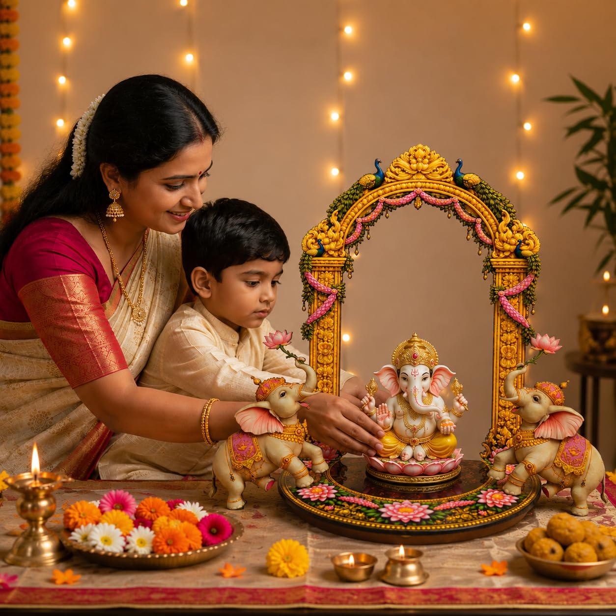 Pink n Purple Ganpati Singhasan MDF Throne, Gold and Pink, Traditional Indian Style, Twin Elephant and Peacock Arch, Lotus Base, Ganesh Chaturthi Mandap Decor