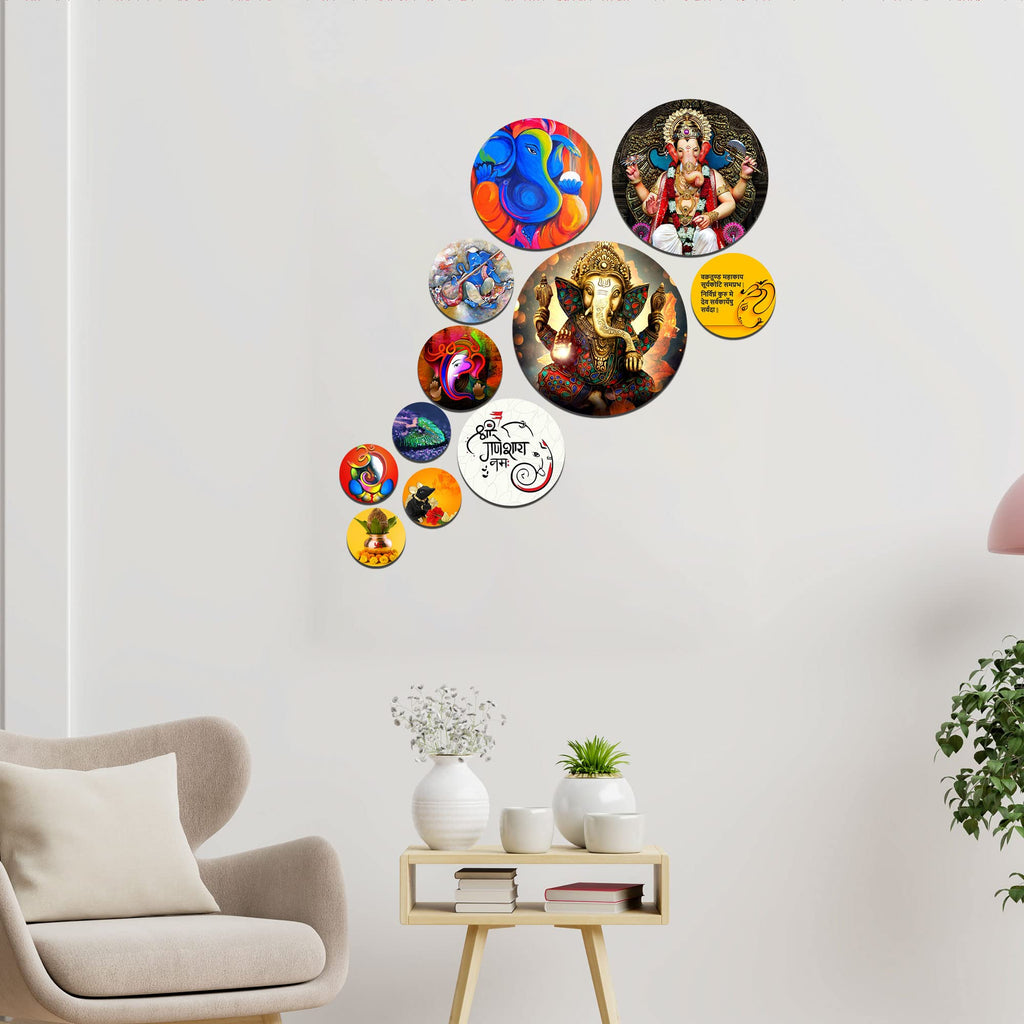 Artvibes Ganesh Round Shape MDF Wooden Wall Decor Items For Good Luck Properity Vastu | Spiritual Decor Items | Paintings | Wall Poster| Stylish Modern Decor Item | Ideal Gifts (WPS_125N), Set of 11