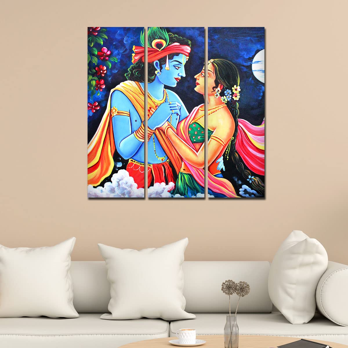 VIBECRAFTS 3 Pieces Shree Radha Krishna Canvas Wall Painting Fitted With Wooden Frame For Home | Office | Living Room | Gifts (PTVC3Pcs1_9544)